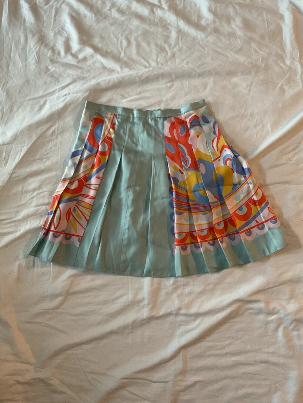 J. McLaughlin Pleated Skirt Size 0 Aqua Teal Green Abstract Geometric Print